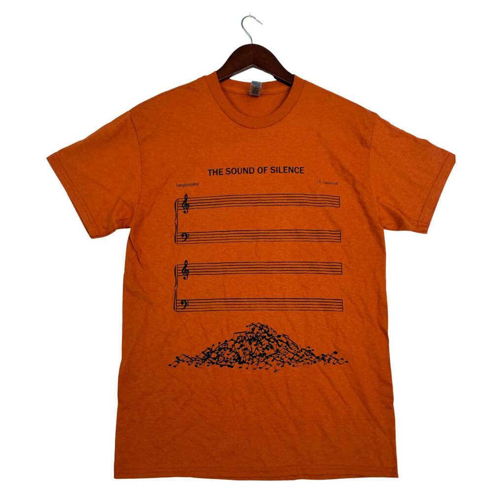 Gildan Heavy Cotton Sound of Silence Music Graphic T Shirt Orange Mens Medium